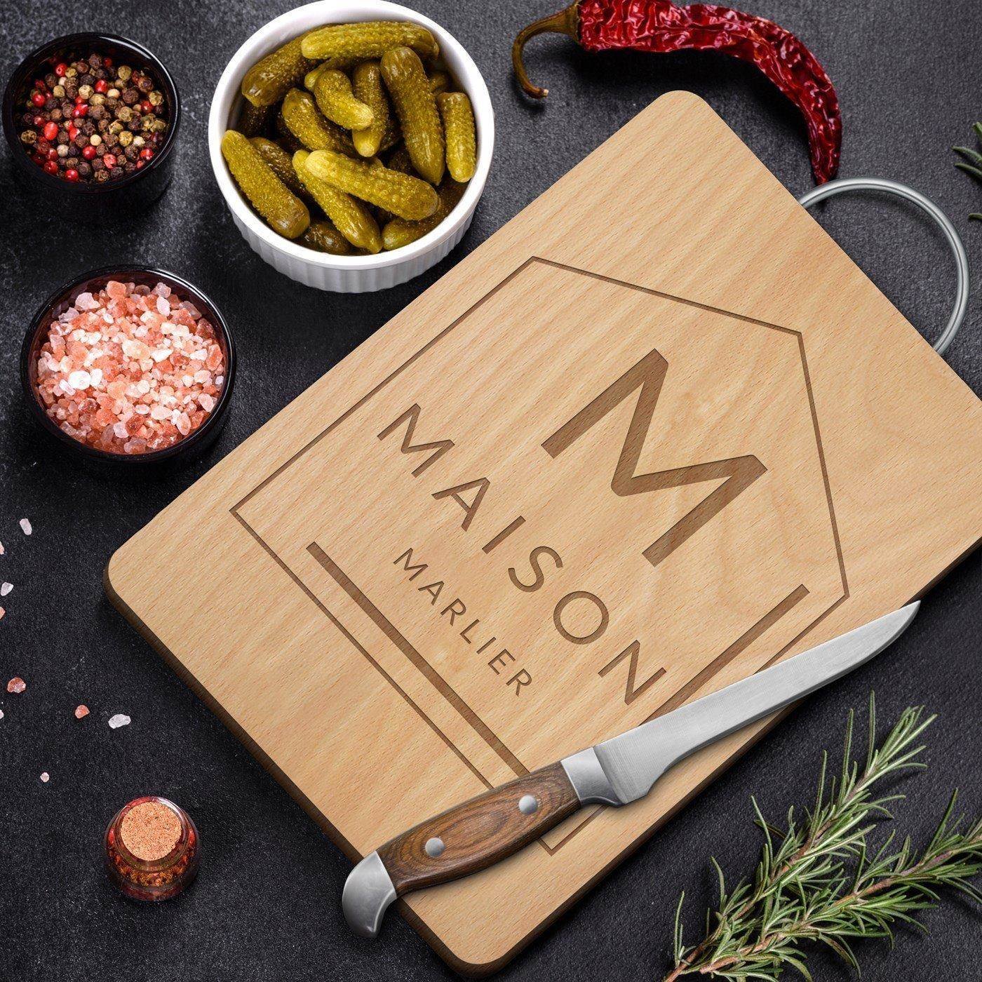 Planche à découper en bois Murrano avec manche en métal et gravure personnalisée pour une fête de maison