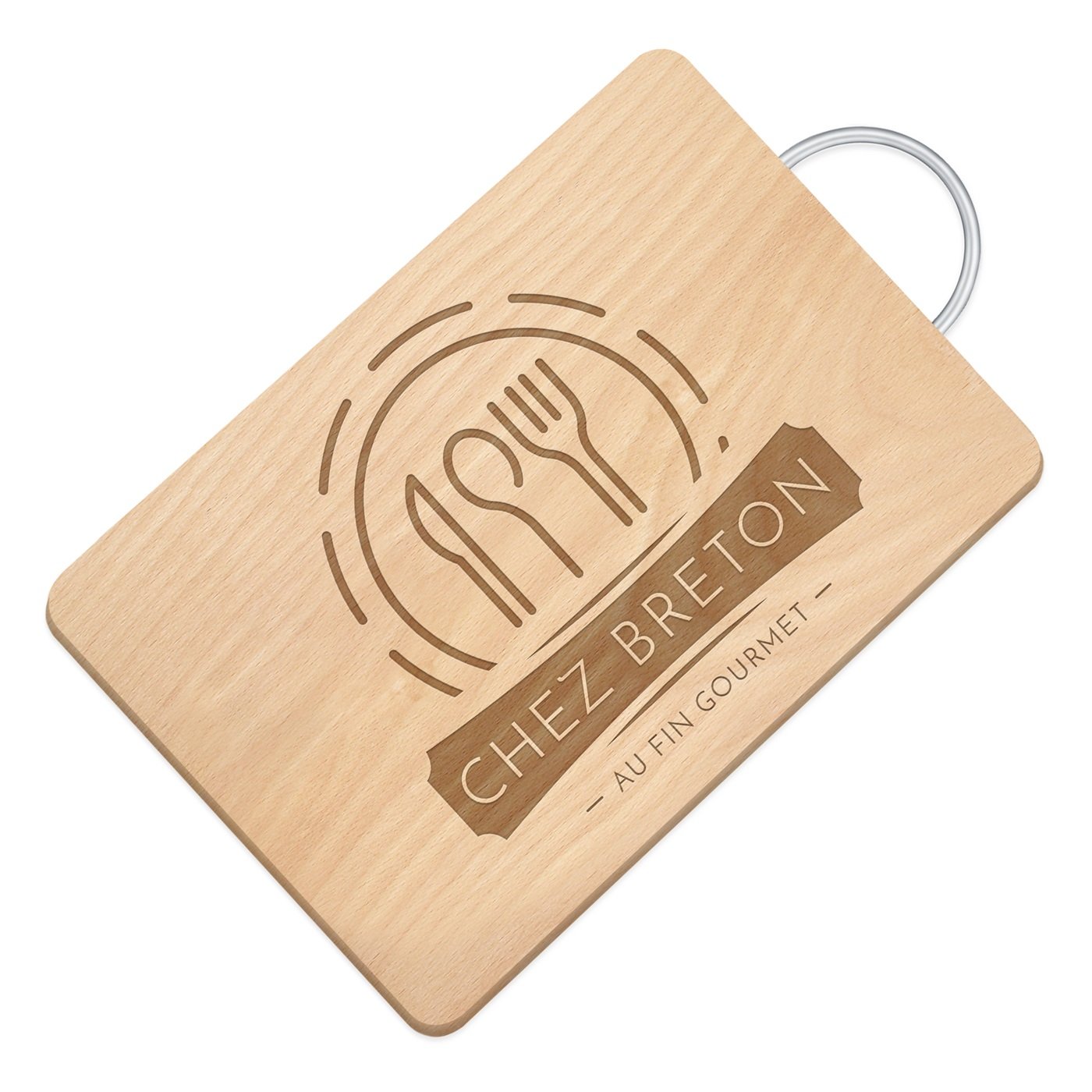 Tabla de cortar de madera Murrano personalizada con mango metálico para una fiesta de bienvenida o aniversario de bodas