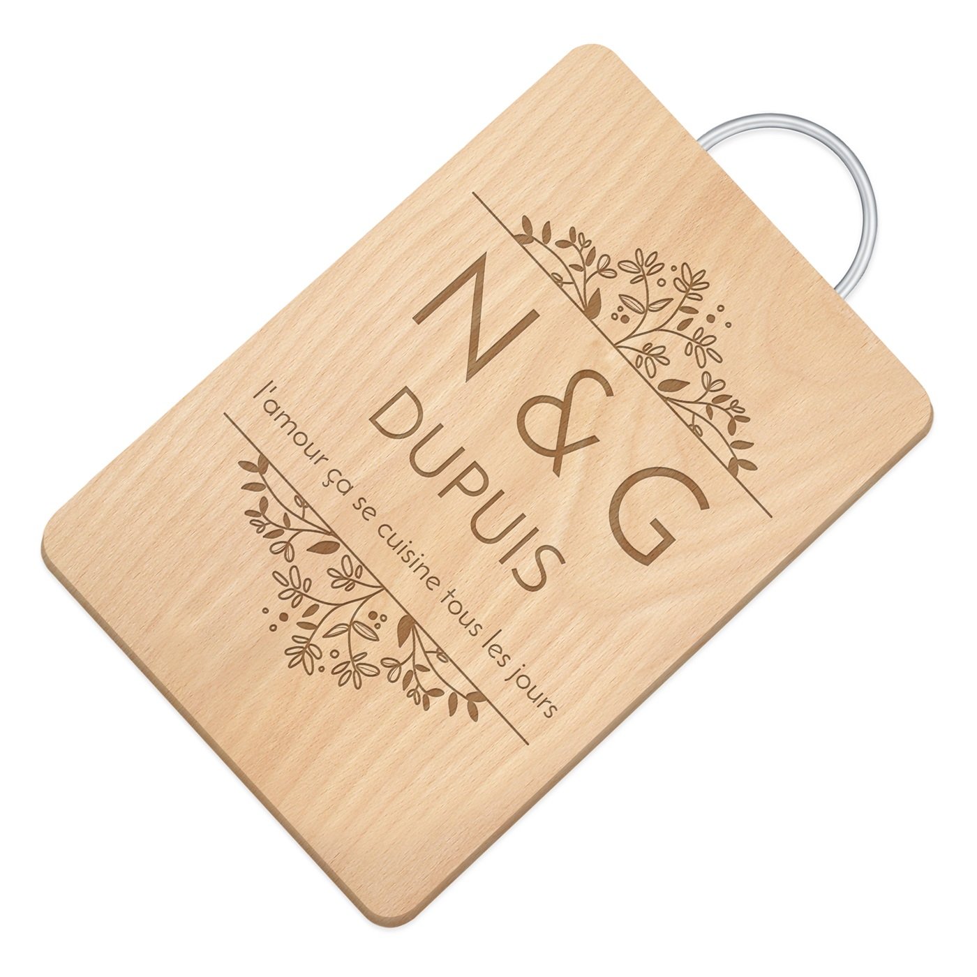 Murrano Personalized Wooden Cutting Board with Metal Handle for a Couple's Wedding Anniversary