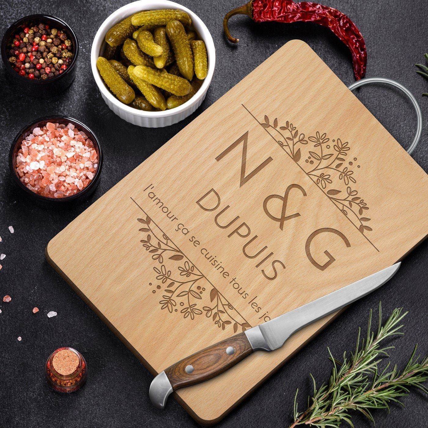 Murrano Personalized Wooden Cutting Board with Metal Handle for a Couple's Wedding Anniversary