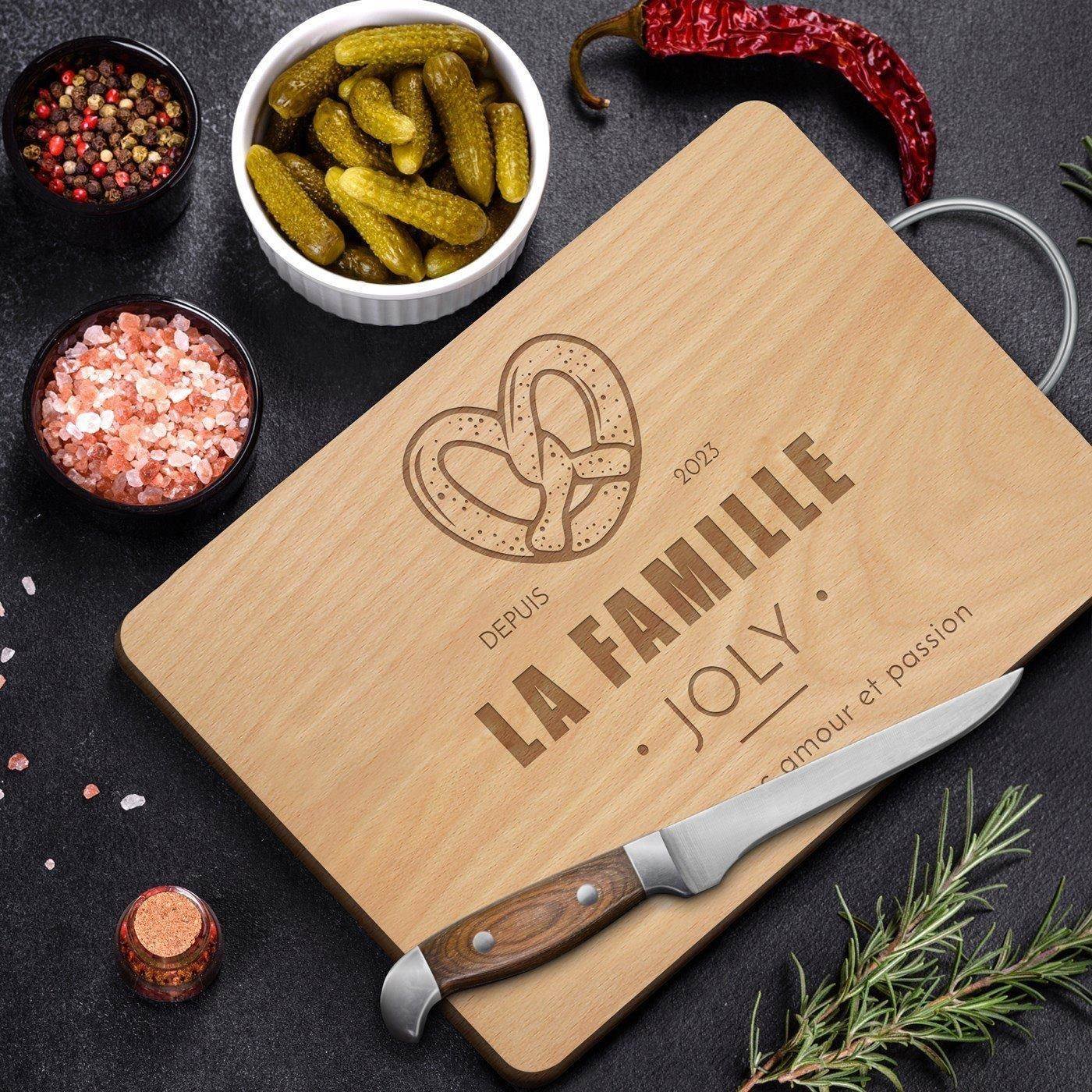 Murrano Wood Cutting Board with Metal Handle and Personalized Engraving for Wedding Anniversary