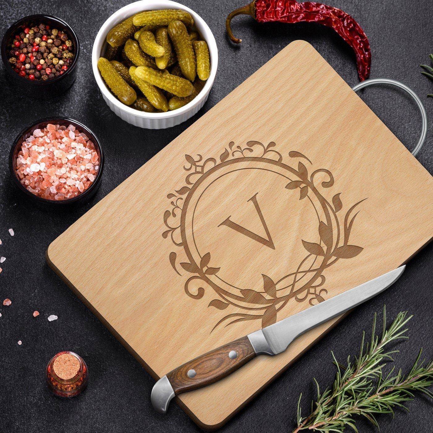 Murrano Wood Cutting Board with Metal Handle and Custom Gravure