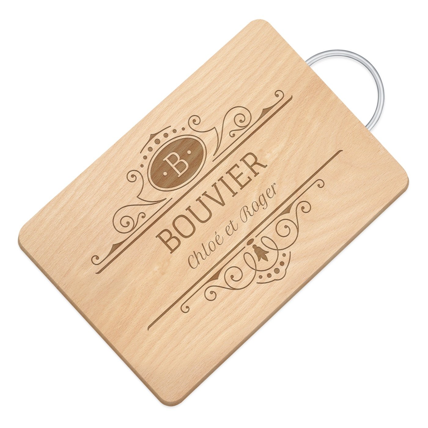 Murrano Wooden Cutting Board with Metal Handle and Personalized Engraving for Bride and Groom