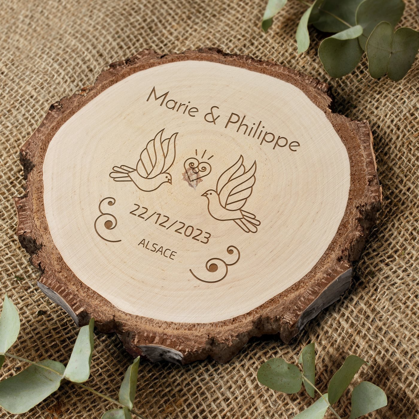 Regalo de boda: Rondín de madera Murrano con grabado para pareja