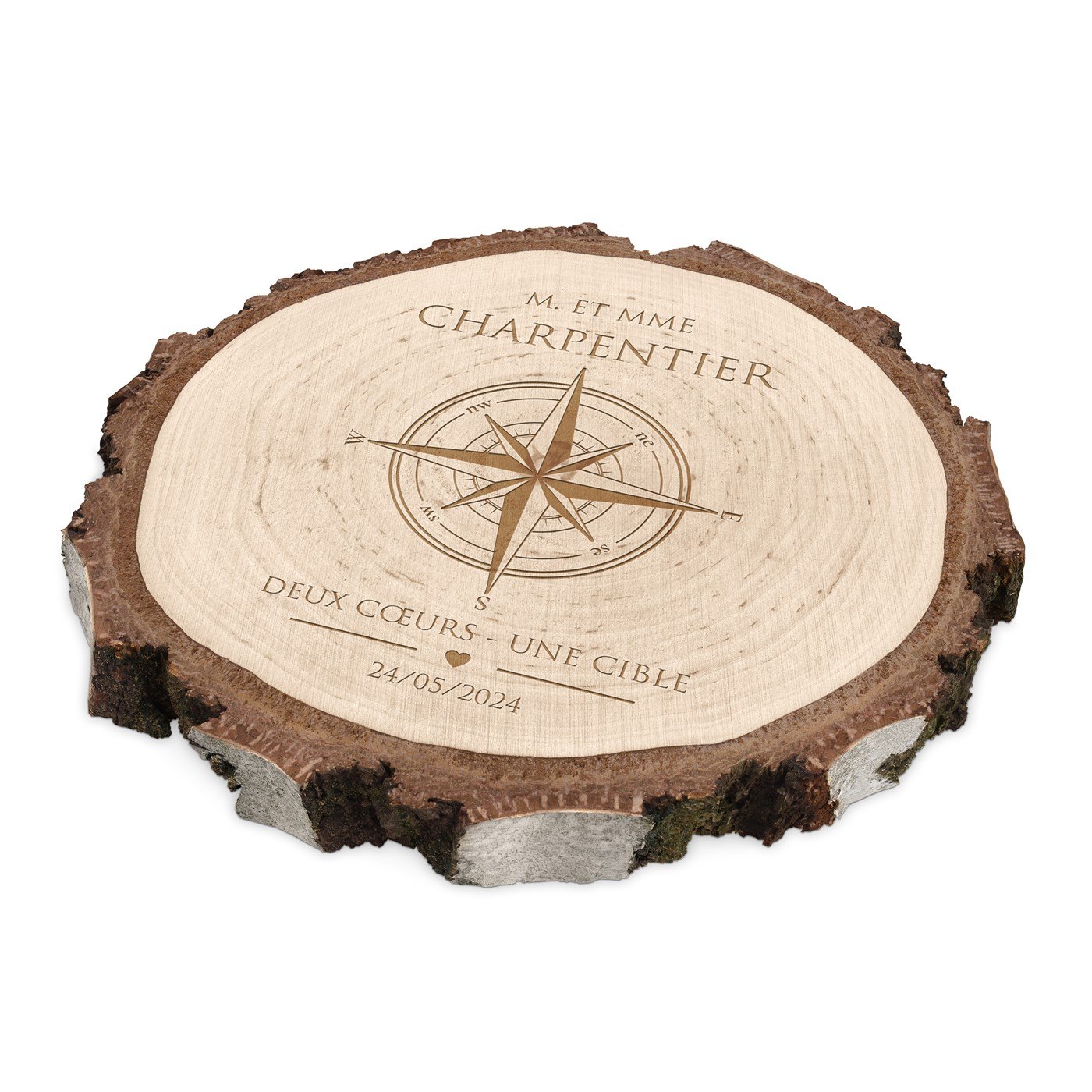 Tronco de madera personalizado para una pareja por su aniversario de boda