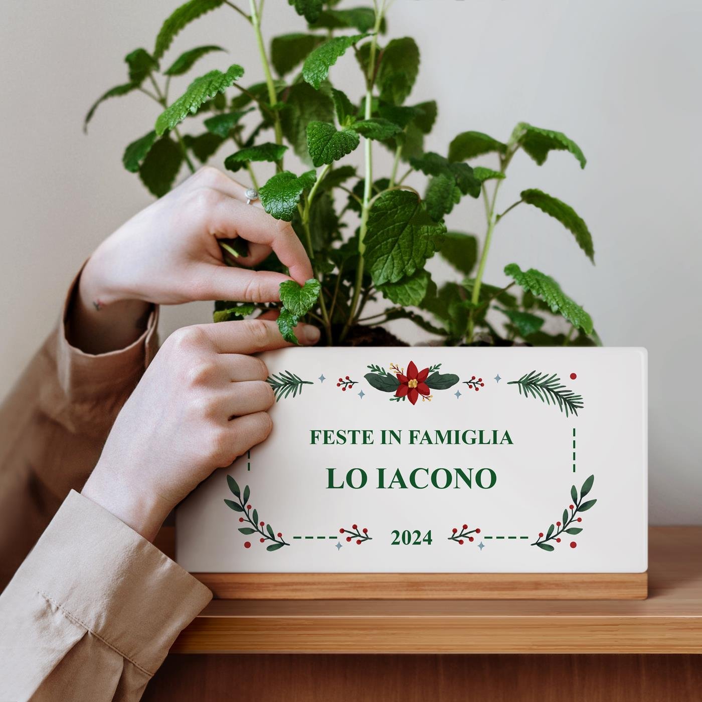Maceta rectangular de cerámica Murrano con grabado 'Para amigos en Navidad'