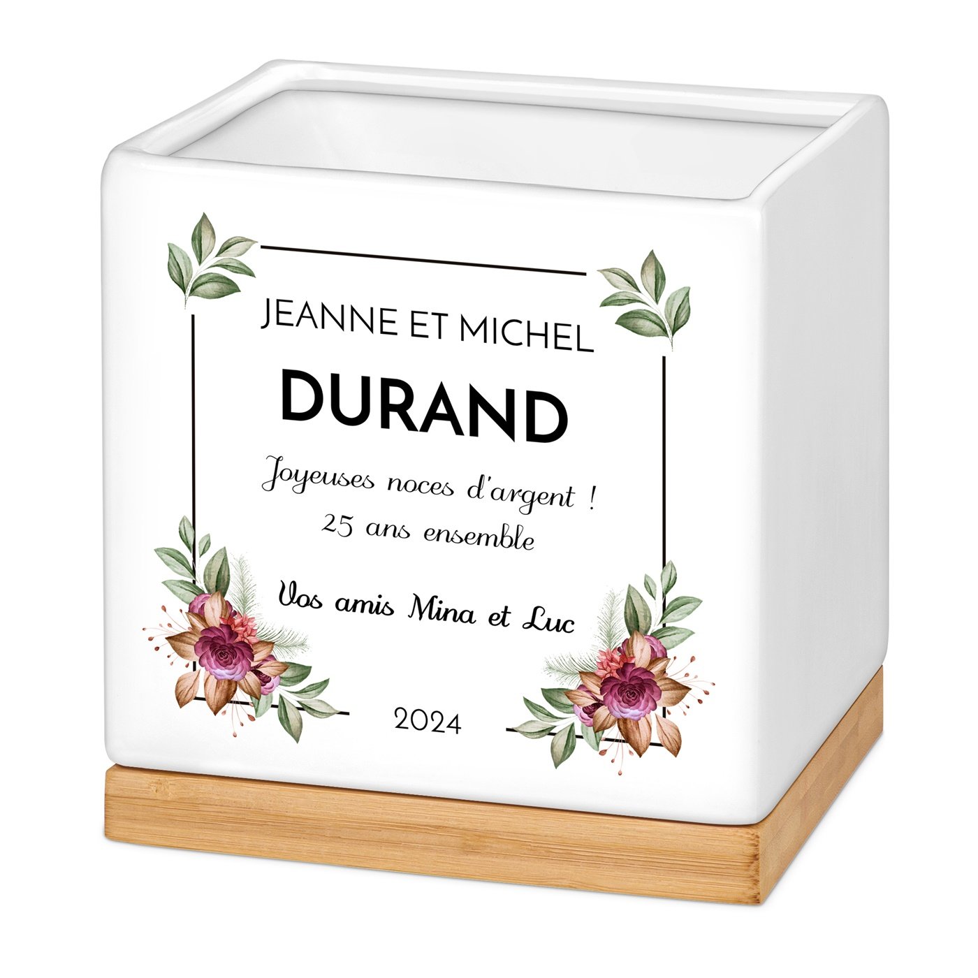 Maceta cuadrada de cerámica personalizada Murrano para el 25º aniversario de matrimonio