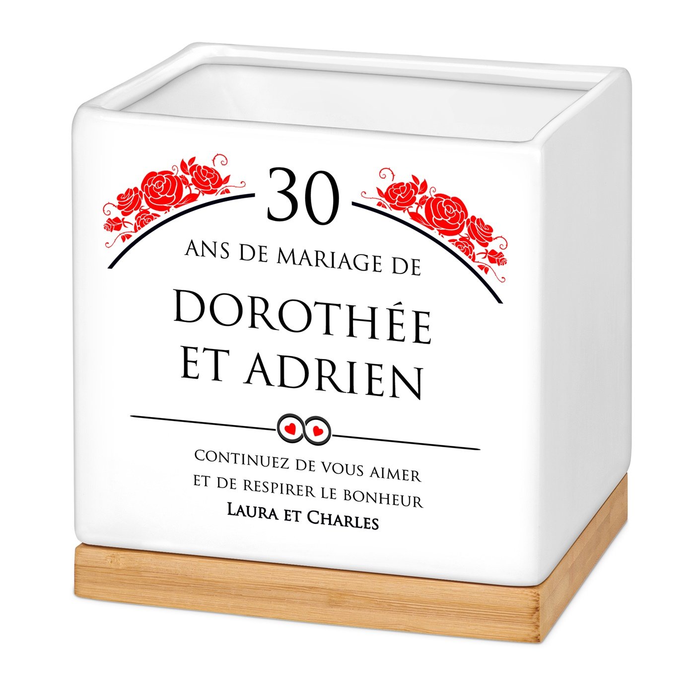 Maceta cuadrada de cerámica Murrano con impresión para el 30º aniversario de boda