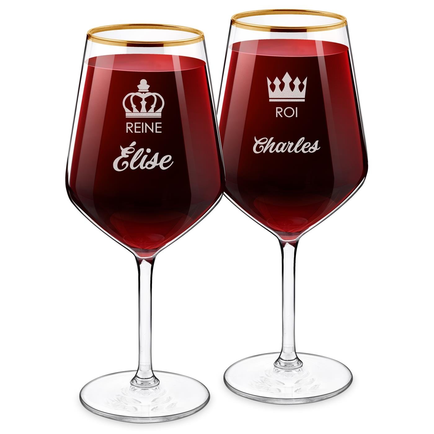 Copas de vino Murrano XL con plato de oro y grabado láser - Rey y Reina