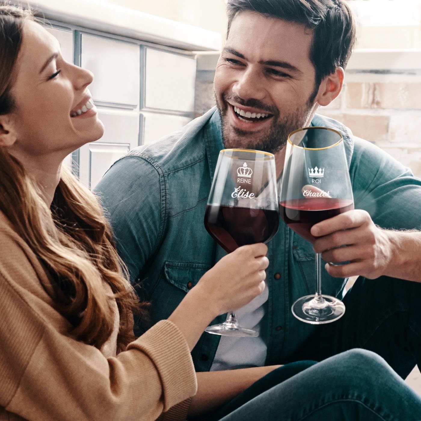 Copas de vino Murrano XL con plato de oro y grabado láser - Rey y Reina