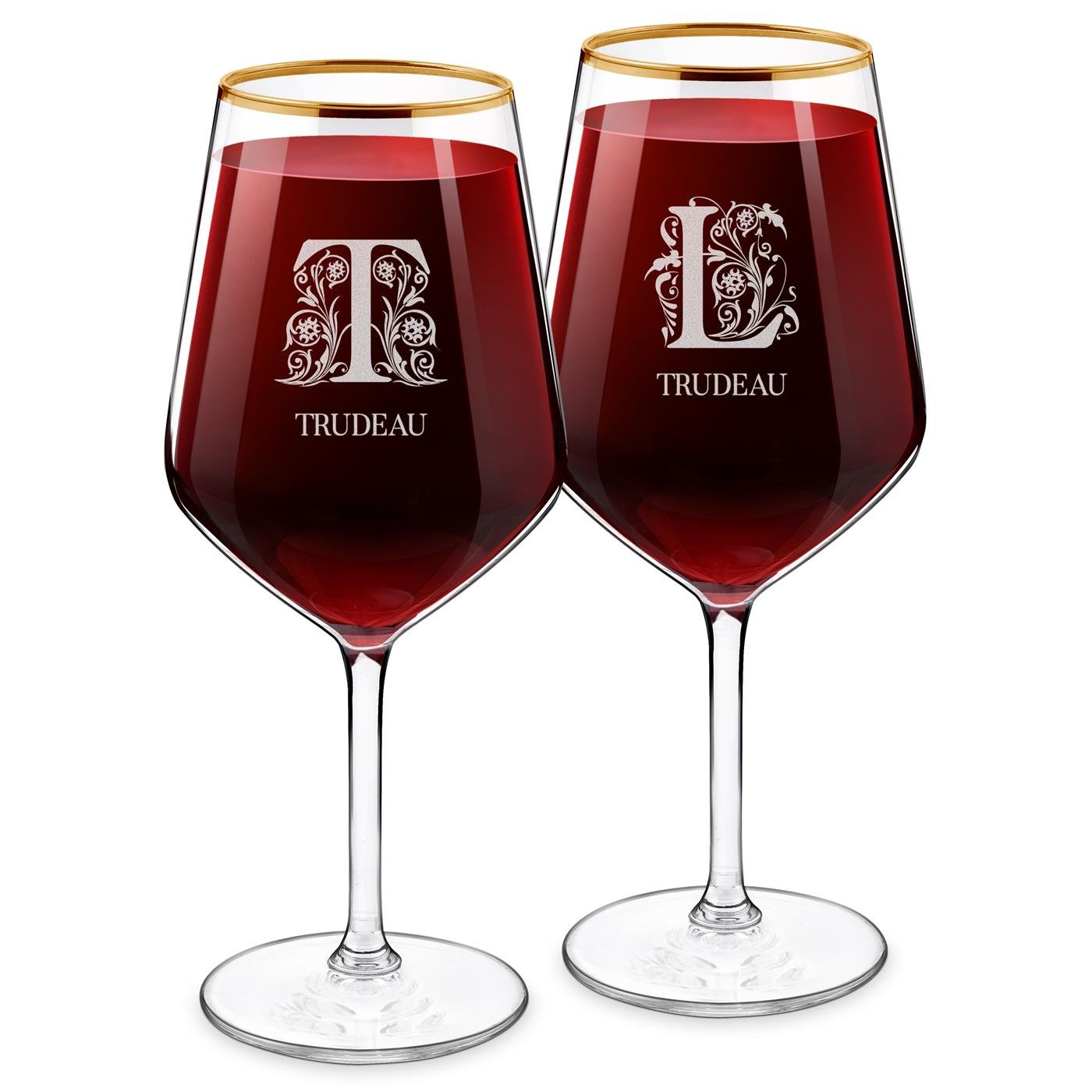 Juego de 2 vasos de vino Murrano XL laminados en oro con grabado láser personalizado para pareja (iniciales)