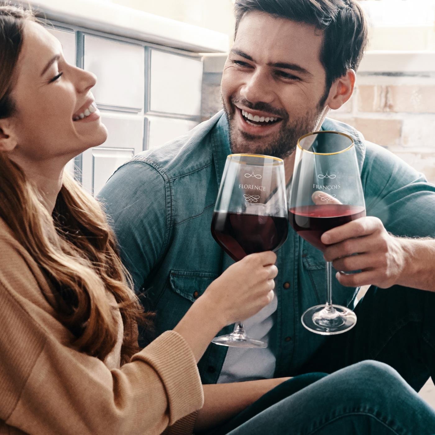 Set de copas de vino de oro revestidas personalizadas Murrano para pareja (XL, Grabado)
