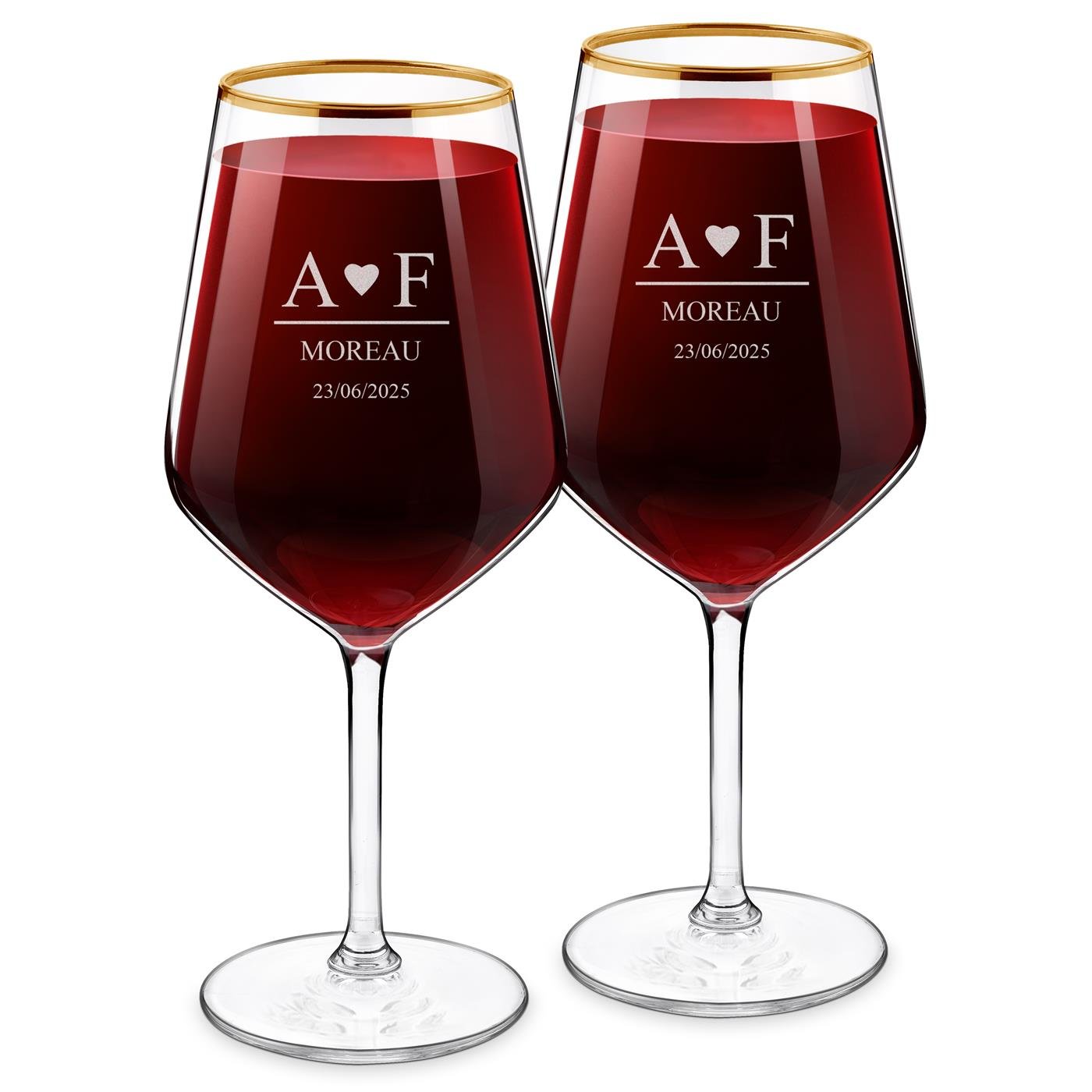 Set de vasos de vino personalizados Murrano para bodas (2 vasos XL con borde dorado y grabación)