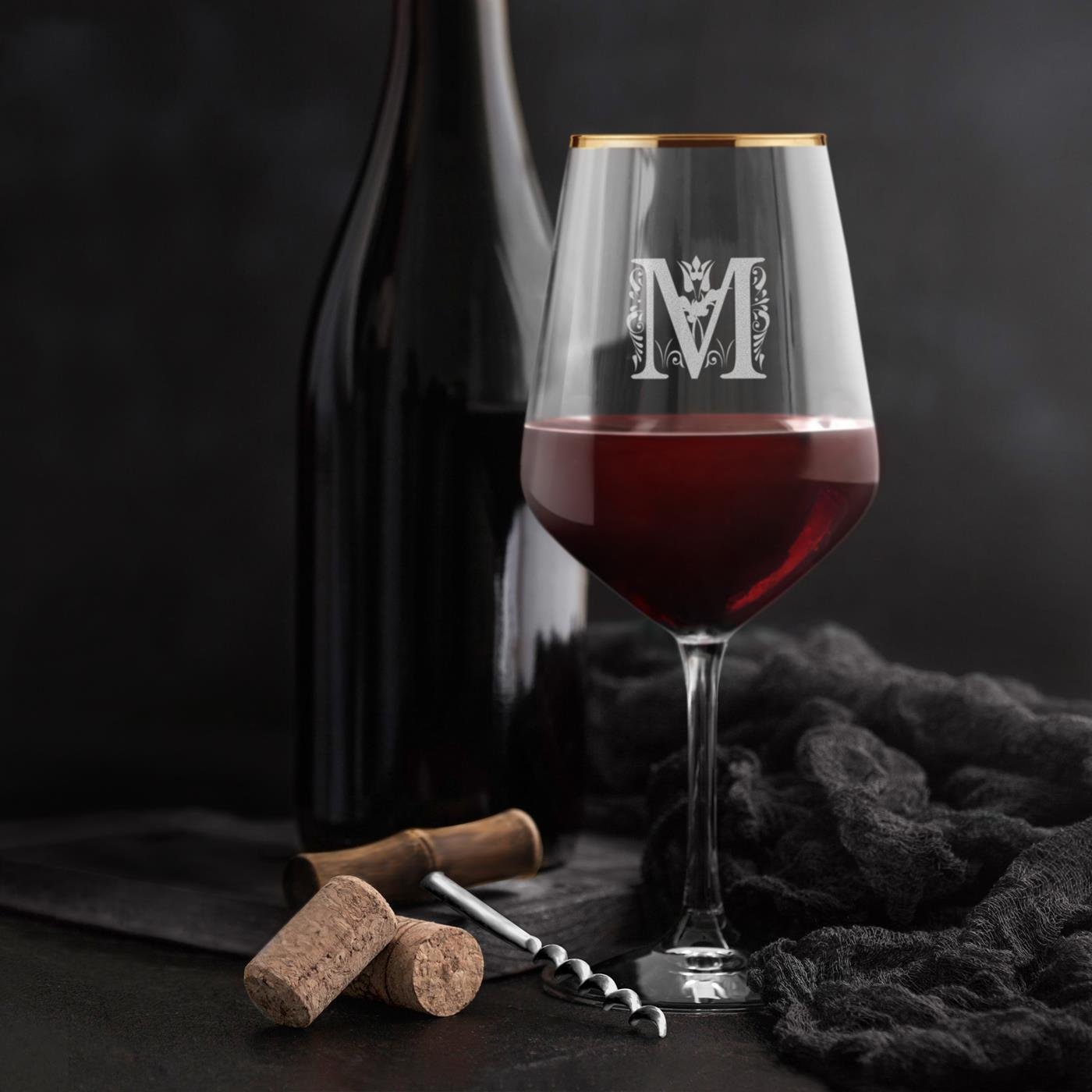 Vaso de vino Murrano XL con recubrimiento de oro y grabado láser para un ser querido con una inicial