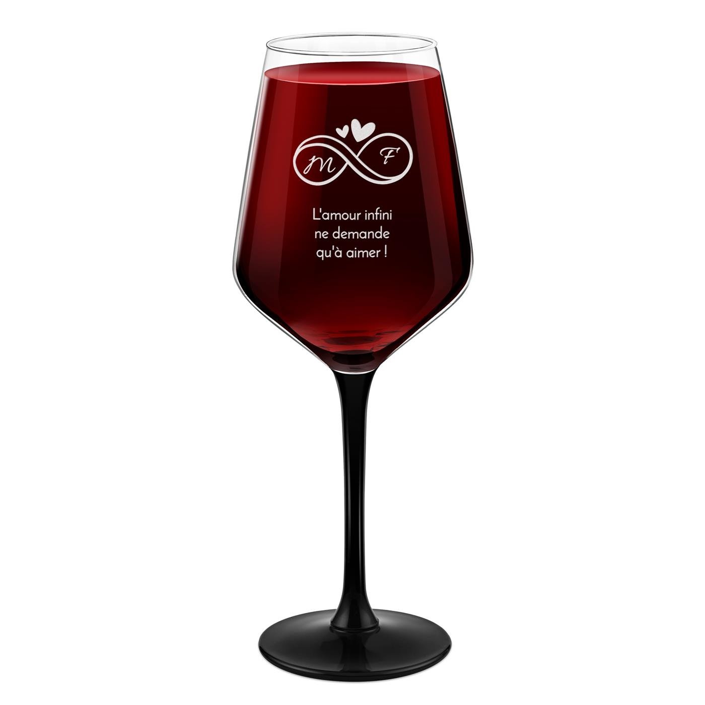 Vaso de vino Murrano con pie negro y grabado para pareja (290ml, diámetro 8cm, altura 21.5cm)