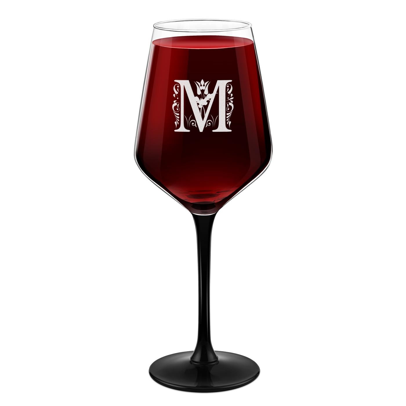 Copo de vino Murrano de pie negra con grabado láser para ella con inicial