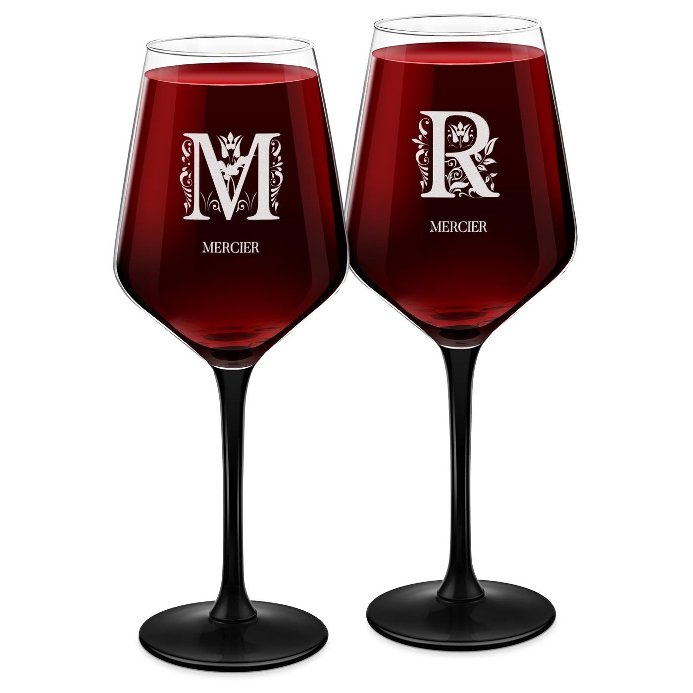 Copas de vino Murrano con base negra y grabado para pareja (290ml, 8cm de diámetro, 21.5cm de altura)