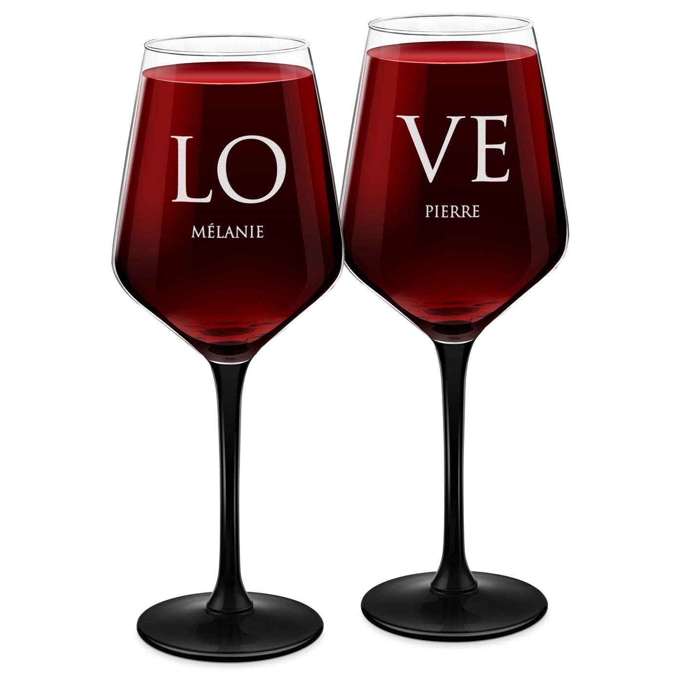 Vasos de vino Murrano con pie negro y grabado para amantes