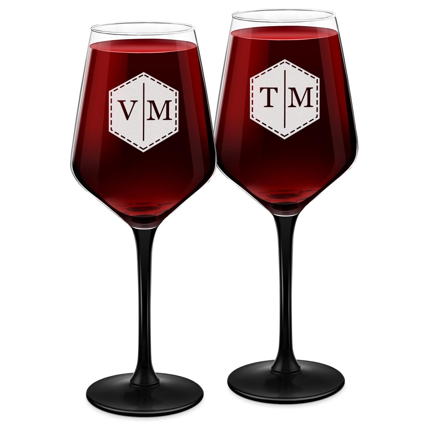 Copas de vino Murrano con pie negro y grabado para pareja (juego de 2)