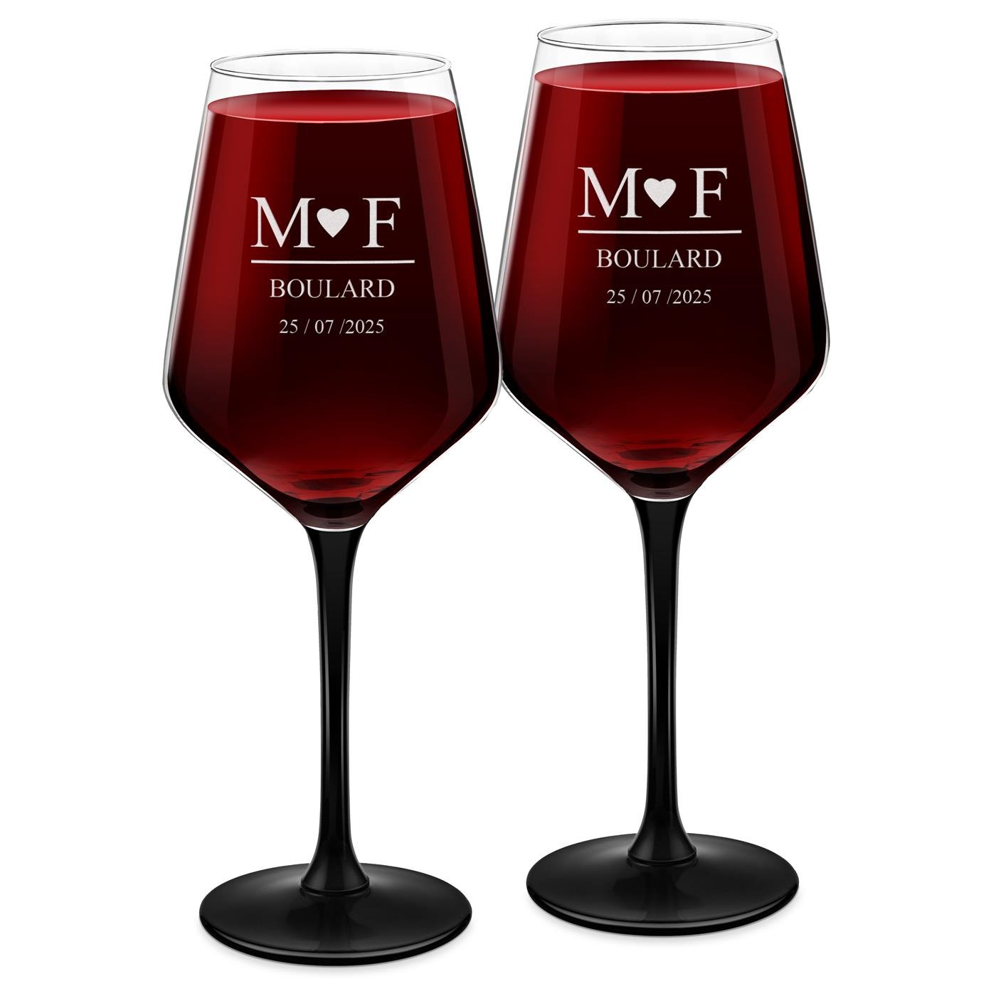 Copas de vino personalizadas Murrano para bodas (base negra, grabado láser)