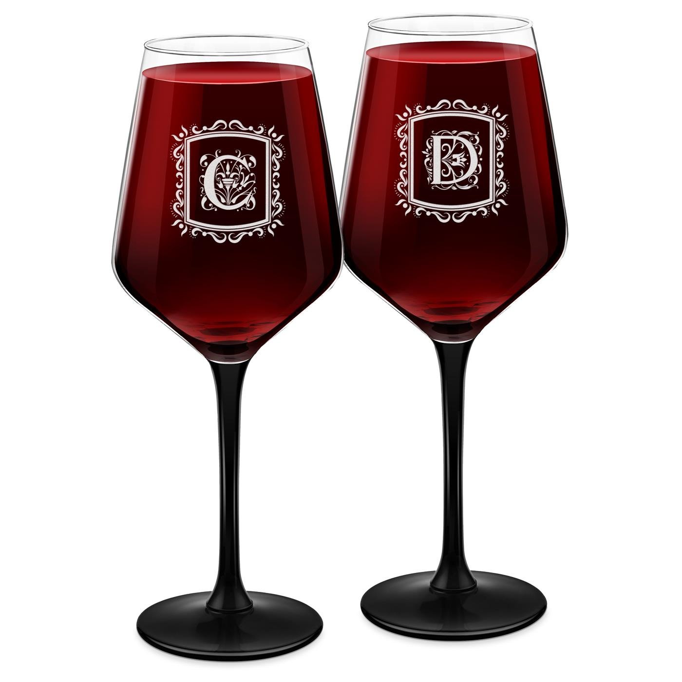 Copas de vino Murrano con pieza negra y grabado personalizado para una pareja (juego de 2)