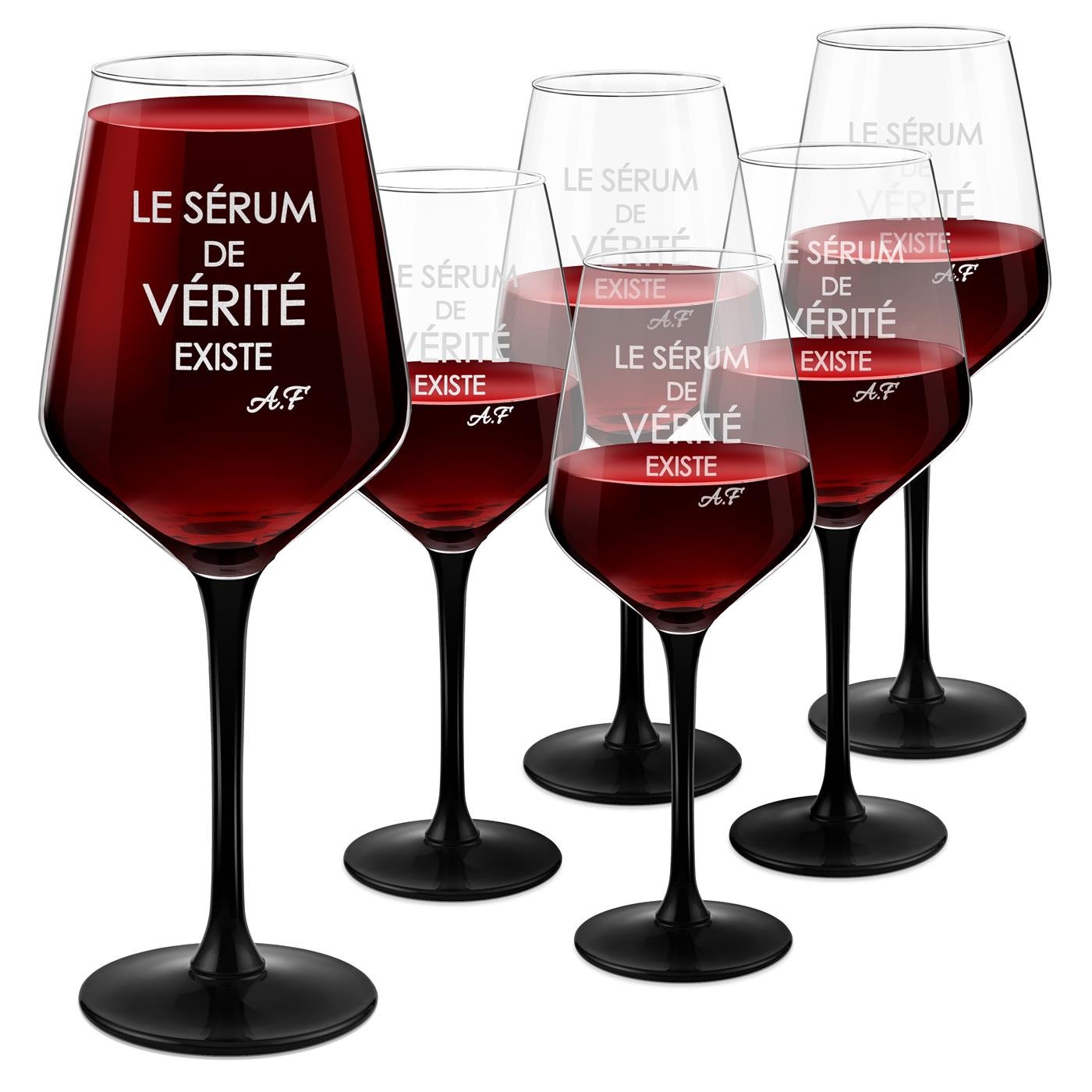 Copas de vino Murrano con base negra y grabado - juego de 6