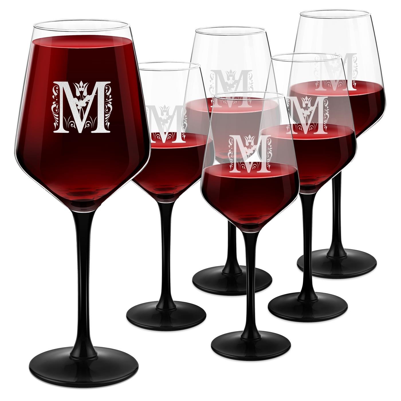 Juego de 6 vasos de vino Murrano con pie negro y grabado láser para él