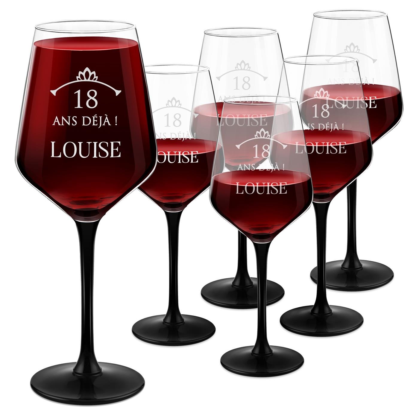 Copas de vino Murrano con pie negro y grabación personalizada para su 18º cumpleaños