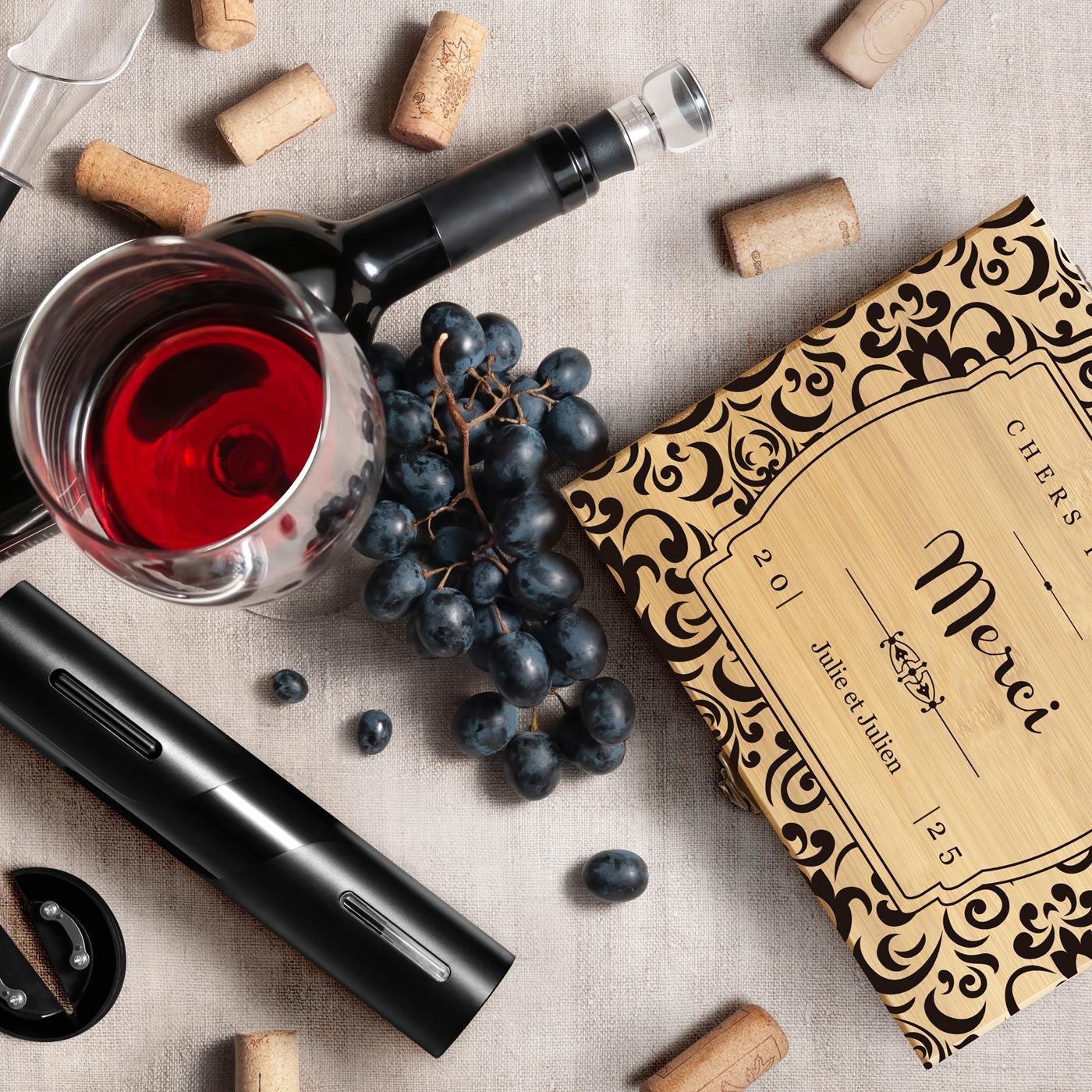 Murrano Sommelier Set with Electric Corkscrew in Customized Box - Thank You Gift for Parents