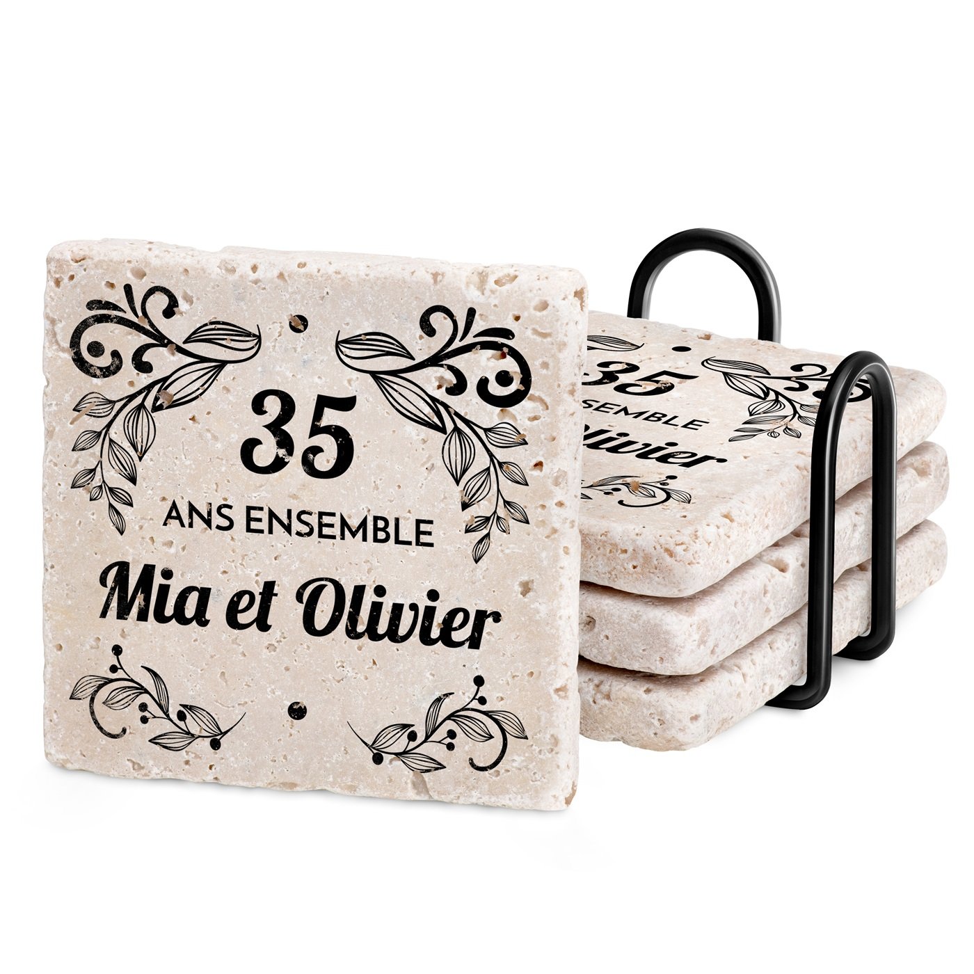 Set de portavases de piedra Murrano con impresión personalizada para una pareja que celebra sus 35 años de matrimonio