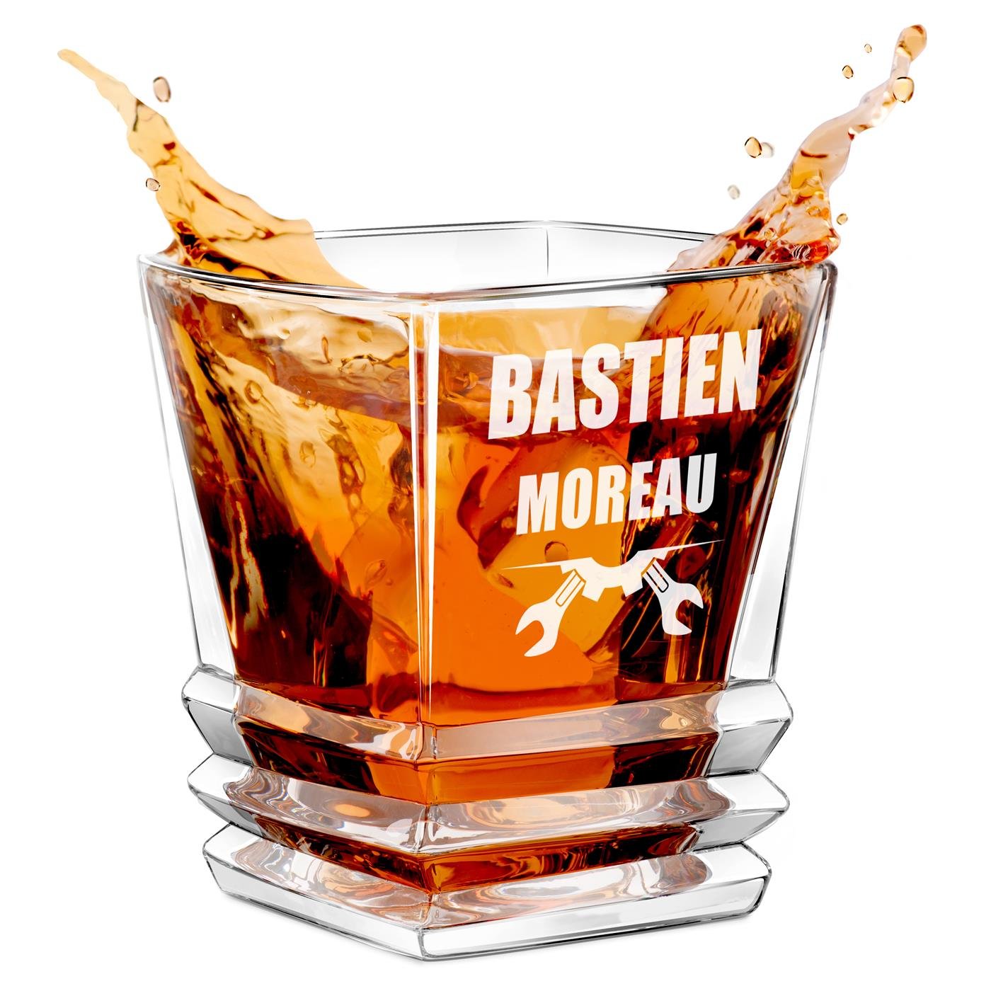 Copo de whisky geométrico Murrano con grabado personalizado para hombres - mecánico/aficionado al bricolaje