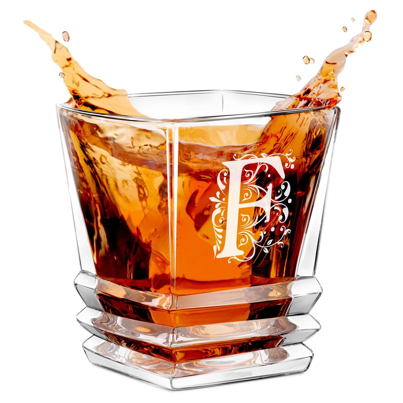 Copa de whisky geométrica Murrano con grabado para hombres y mujeres con inicial