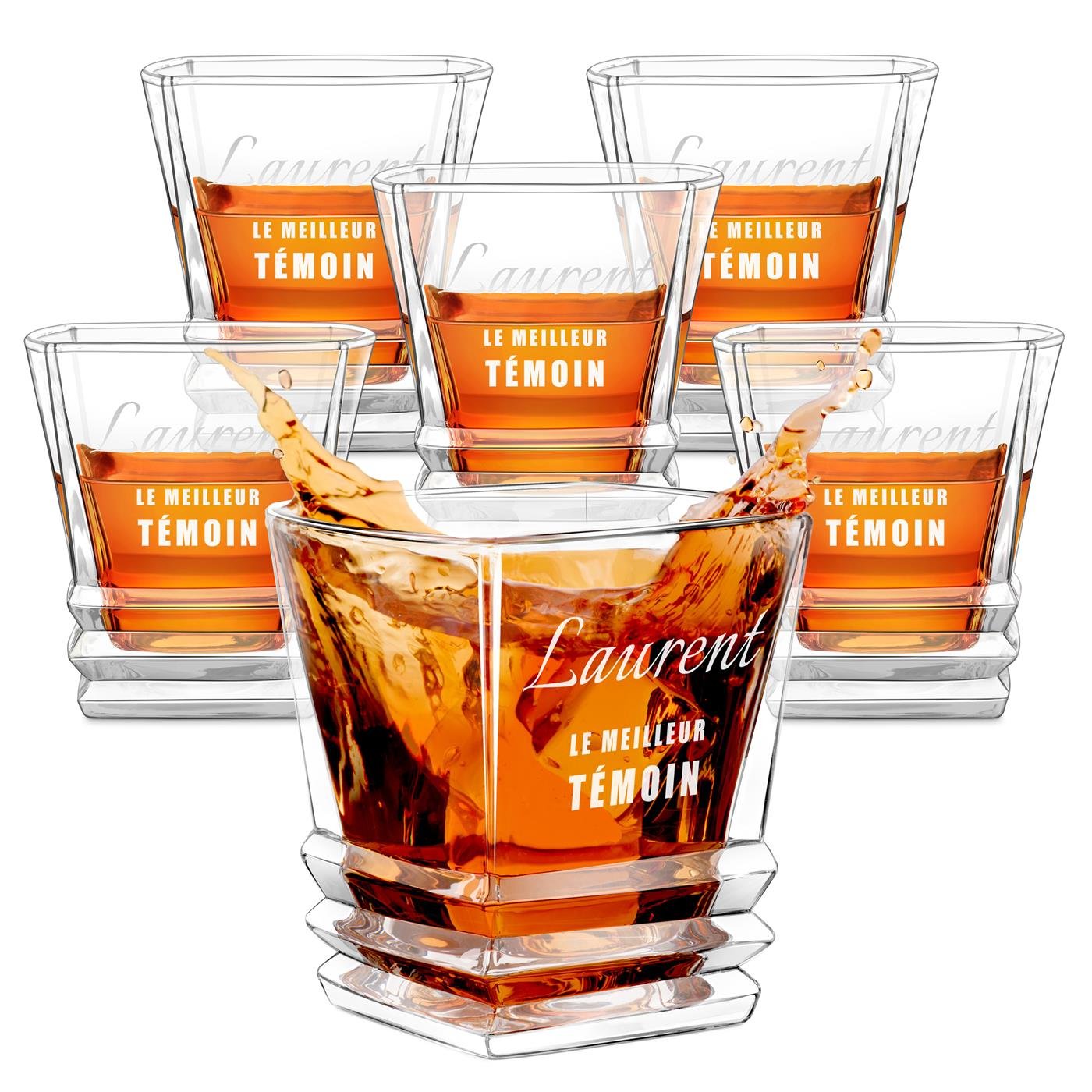 Set de 6 vasos de whisky geométricos Murrano con grabado personalizado de agradecimiento para testigo de boda