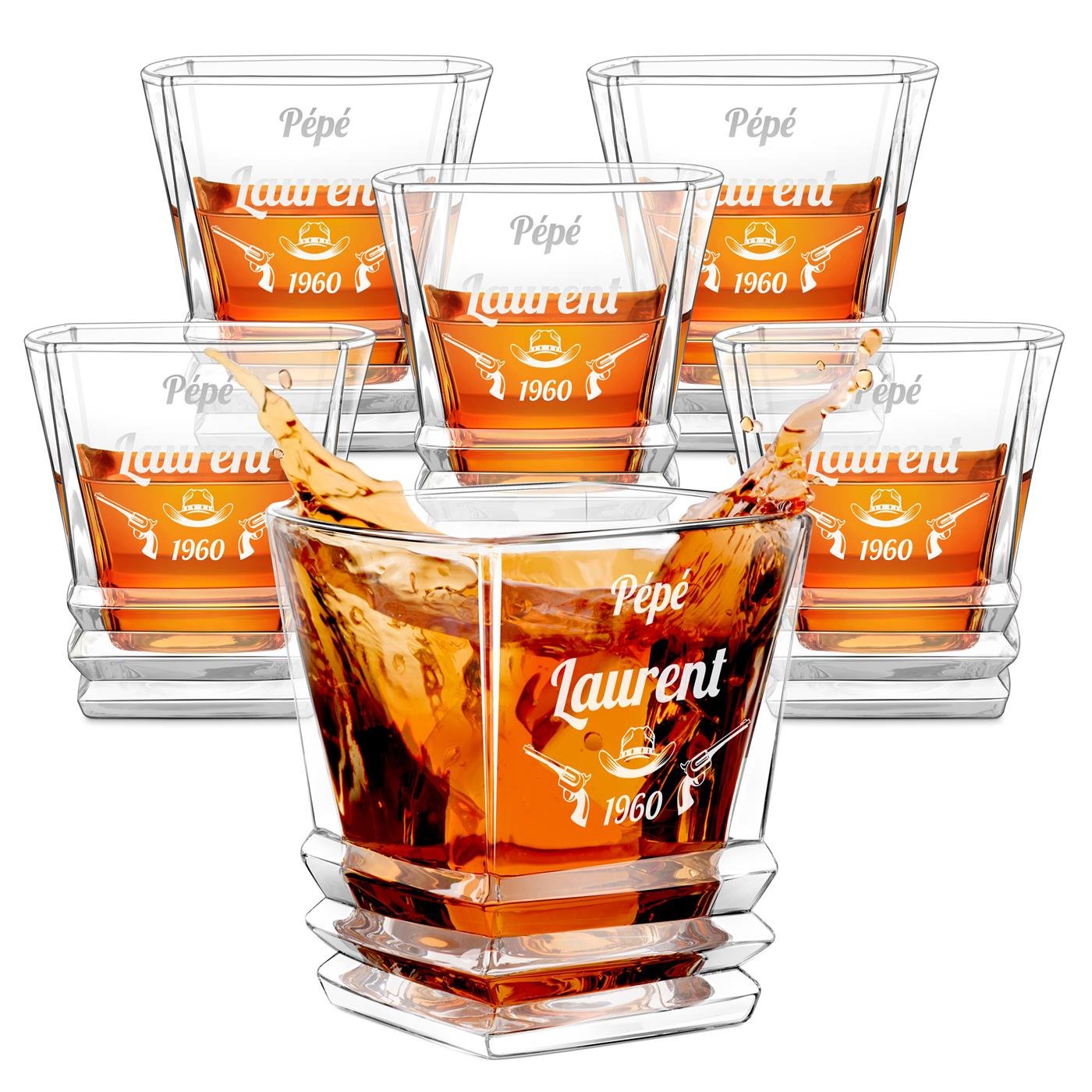 Juego de 6 vasos de whisky geométricos Murrano con grabado para el cumpleaños de abuelo