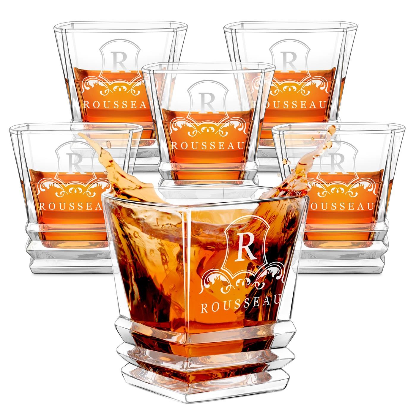 Conjunto de 6 vasos de whisky geométricos Murrano con grabado láser para sus iniciales