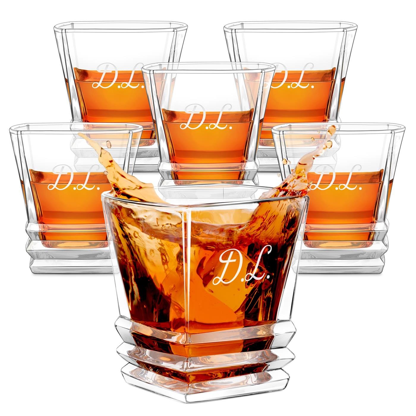 Juego de 6 vasos de whisky geométricos Murrano con grabado