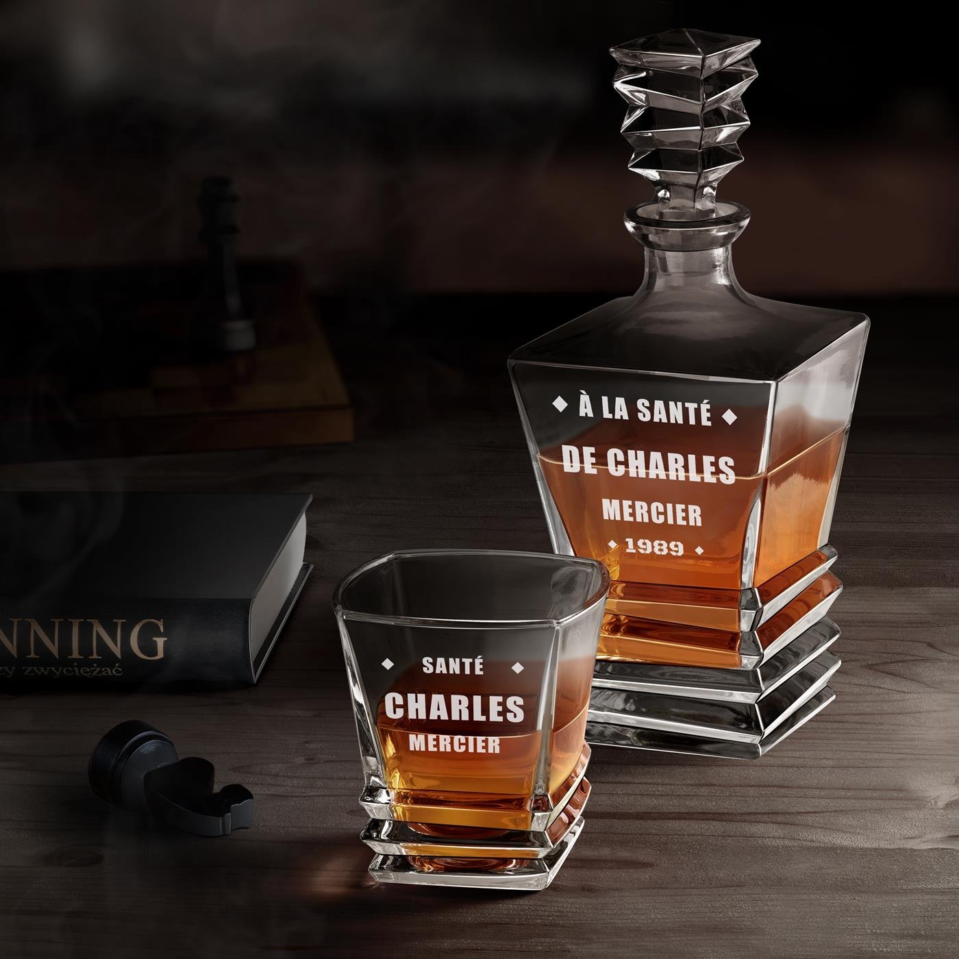 Murrano Geometric Decanter Set with 2 Glasses and Laser Engraving for His Anniversary