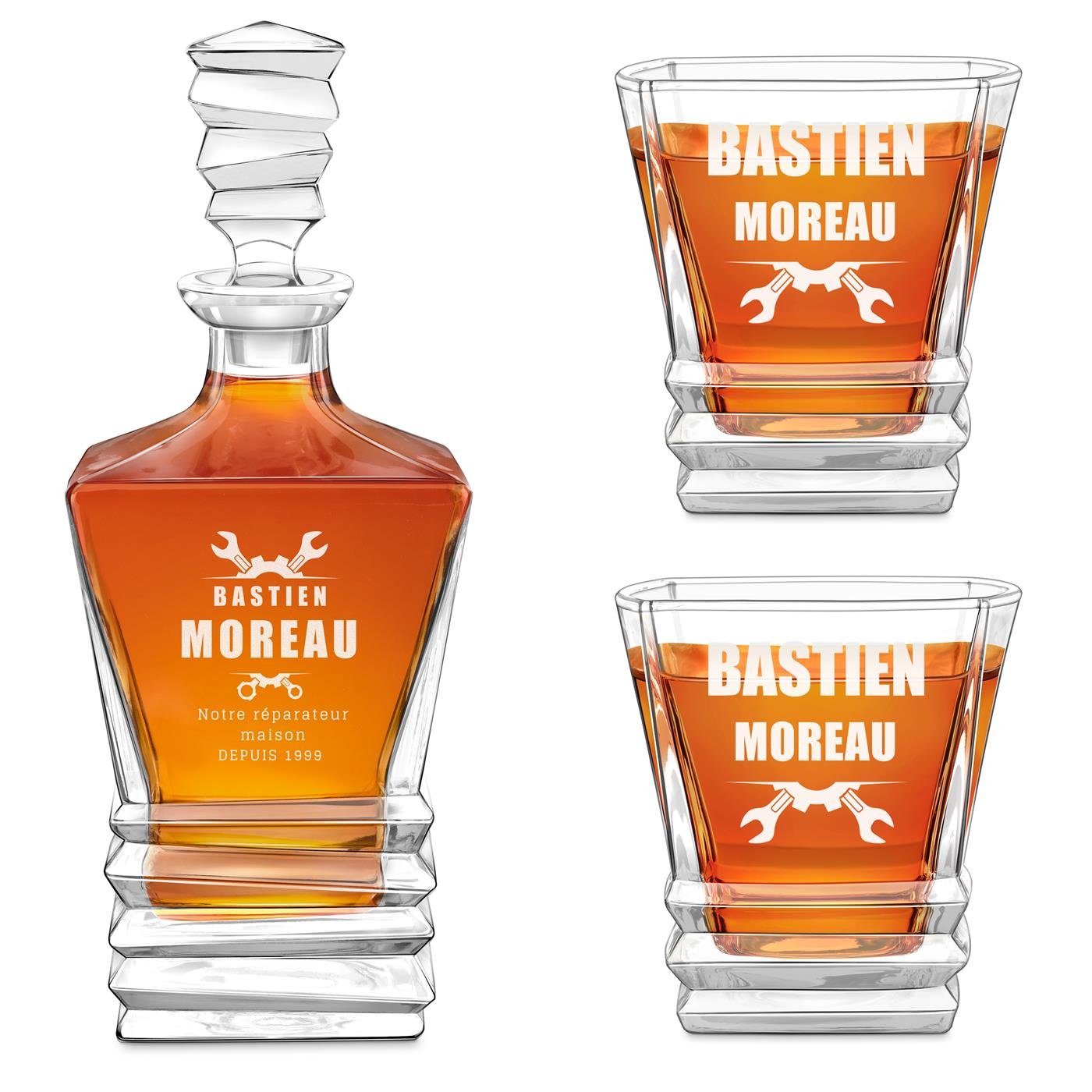Set de decantador geométrico Murrano con 2 vasos y grabado láser para mecánico