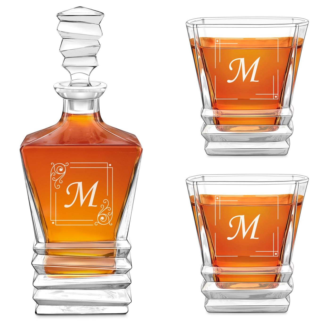 Set de decantador geométrico Murrano con 2 vasos y grabado de inicial para conocedor de whisky