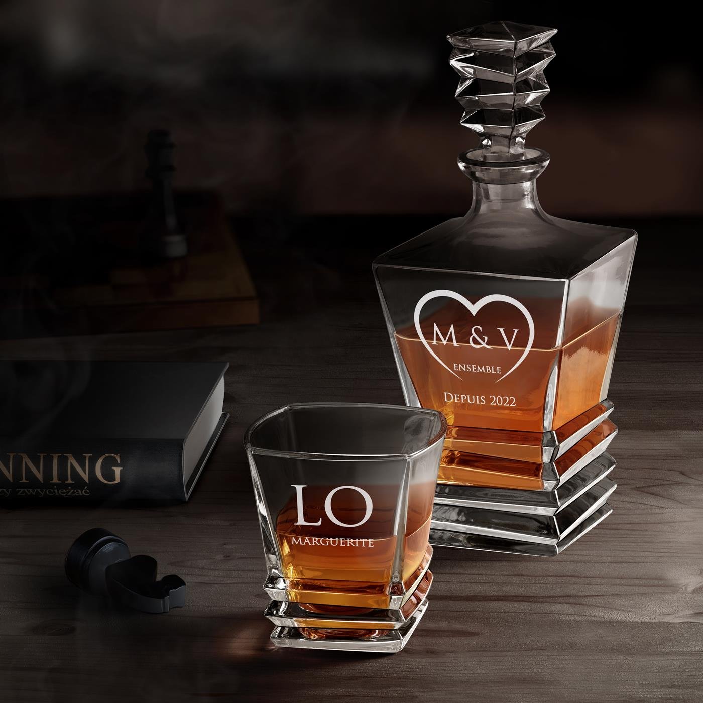 Set de decantador geométrico Murrano con 2 vasos y grabado láser para pareja LOVE