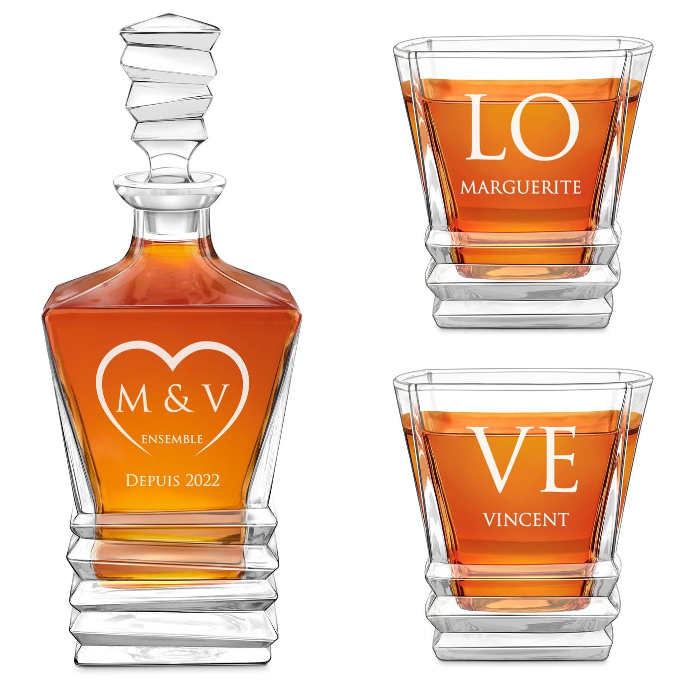 Set de decantador geométrico Murrano con 2 vasos y grabado láser para pareja LOVE