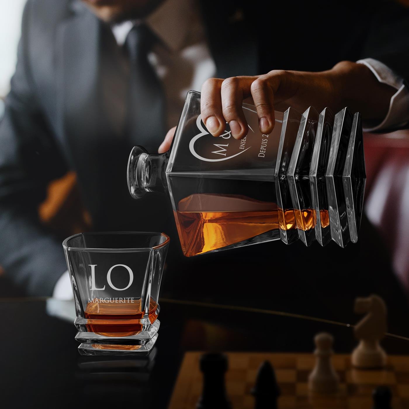 Set de decantador geométrico Murrano con 2 vasos y grabado láser para pareja LOVE