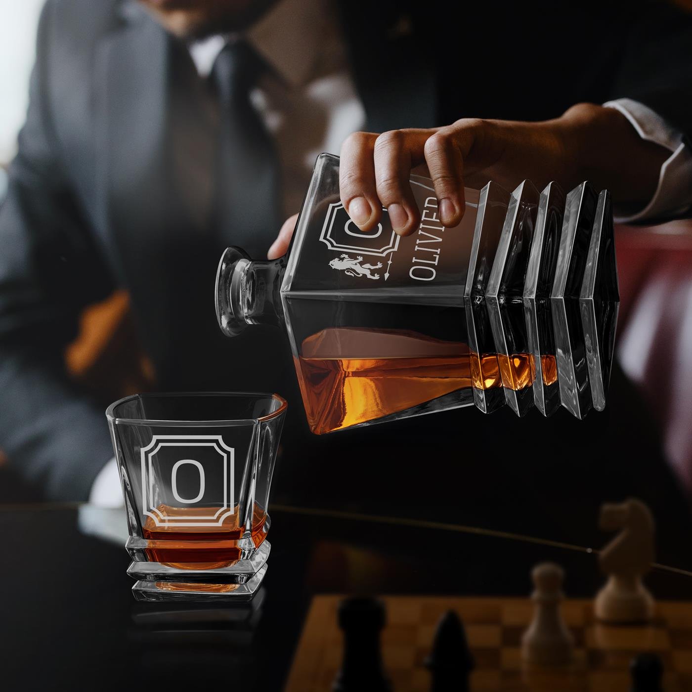 Murrano Geometric Decanter Set with Laser-Engraved Initial for Him