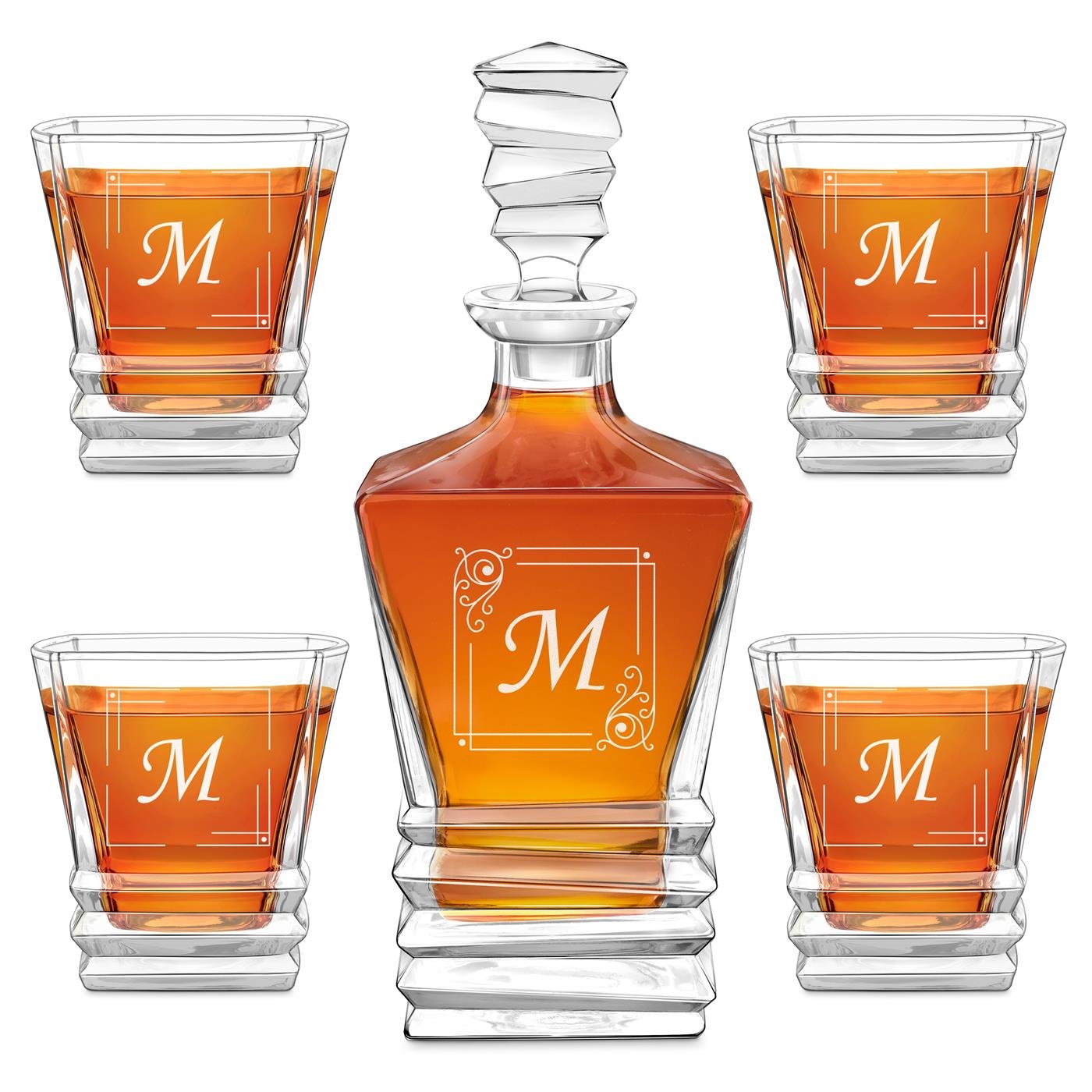 Ensemble décanteur géométrique Murrano avec 4 verres et gravure initiale personnalisée pour les connaisseurs de whisky