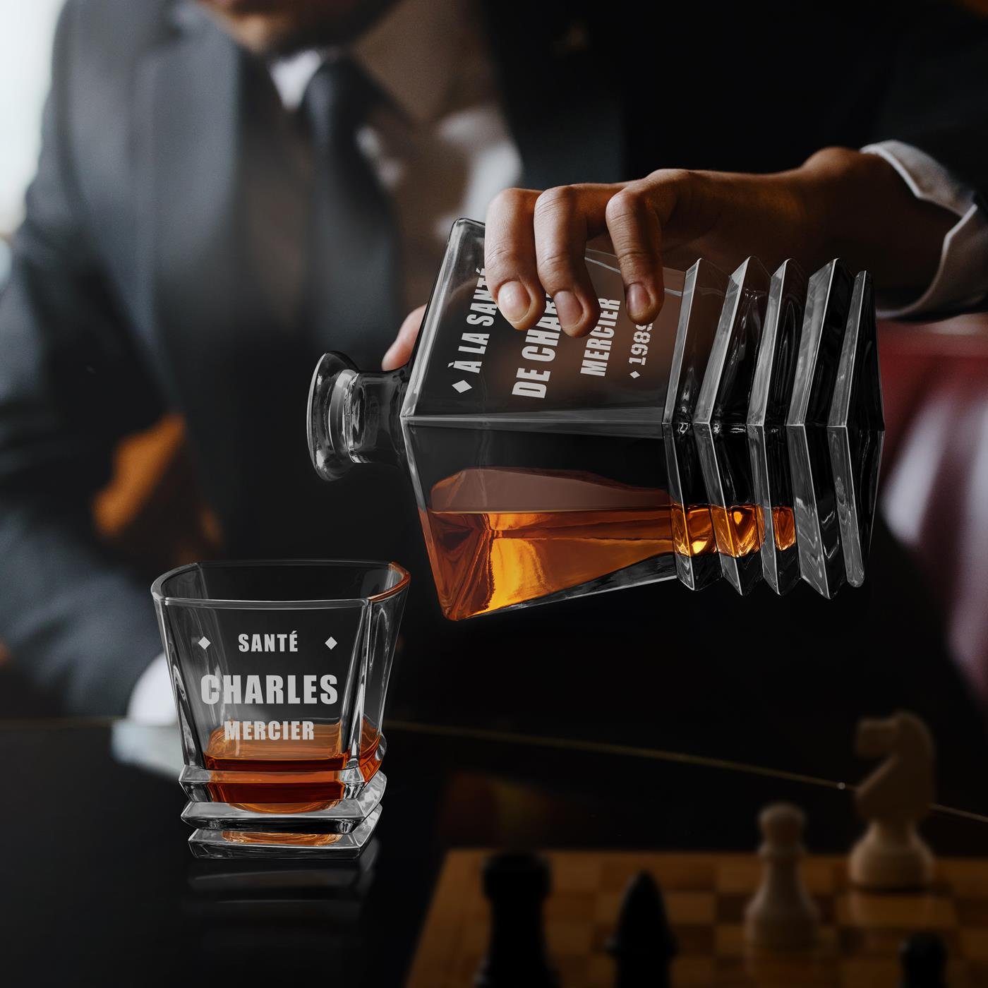 Set de decantador geométrico Murrano y 6 vasos grabados para hombre, aniversario