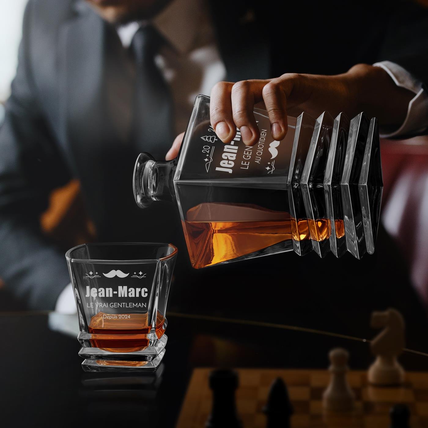 Estuche de decantador geométrico Murrano con 6 vasos y grabación láser para regalo de Navidad para caballeros