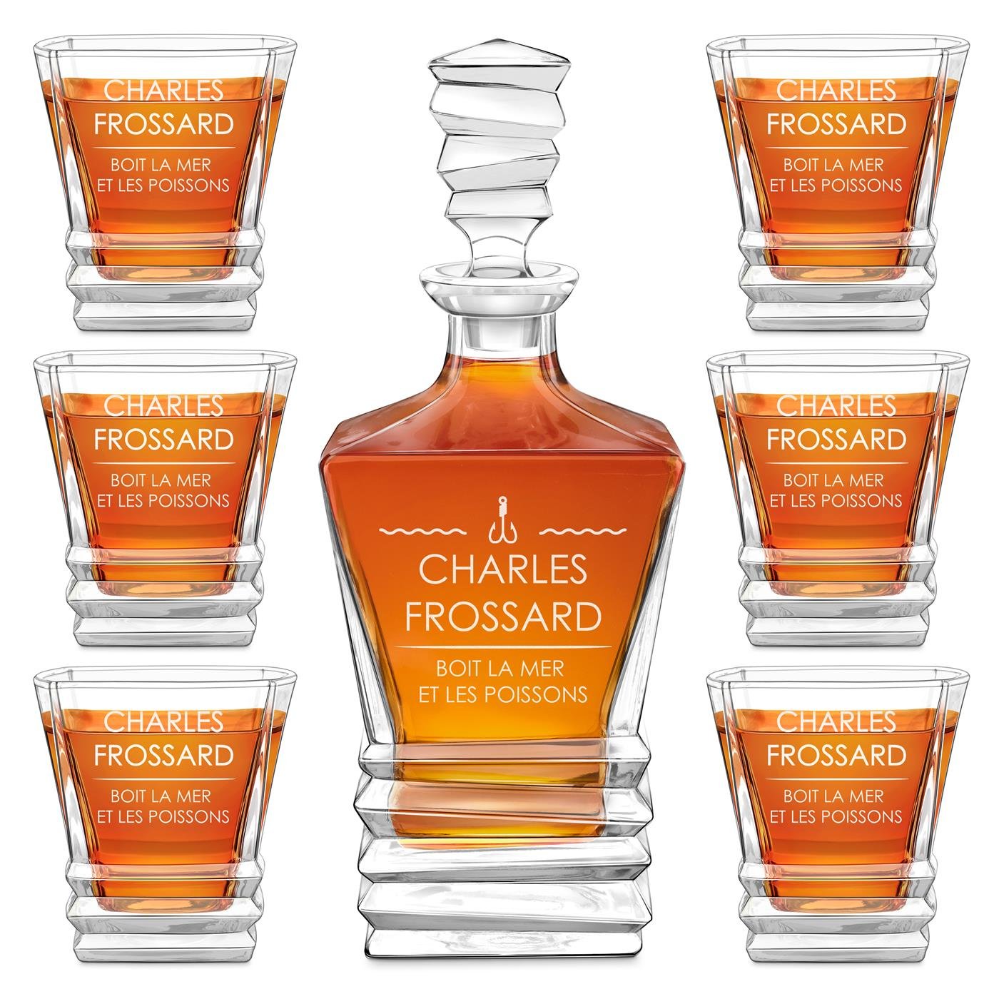 Set de decantador geométrico con 6 vasos grabados para viajeros marinos