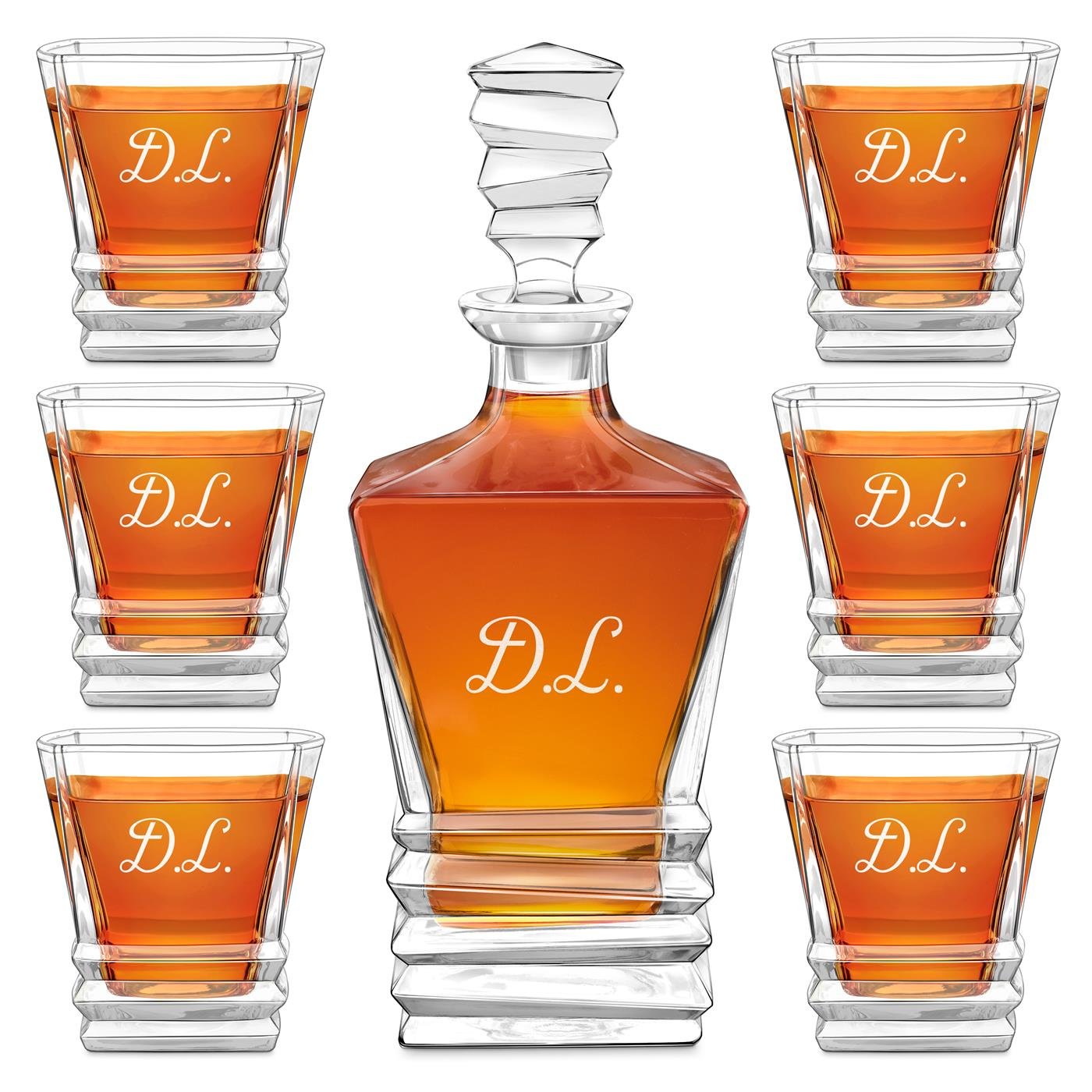 Set de decantador geométrico Murrano y 6 vasos con grabado para conocedor de whisky con iniciales