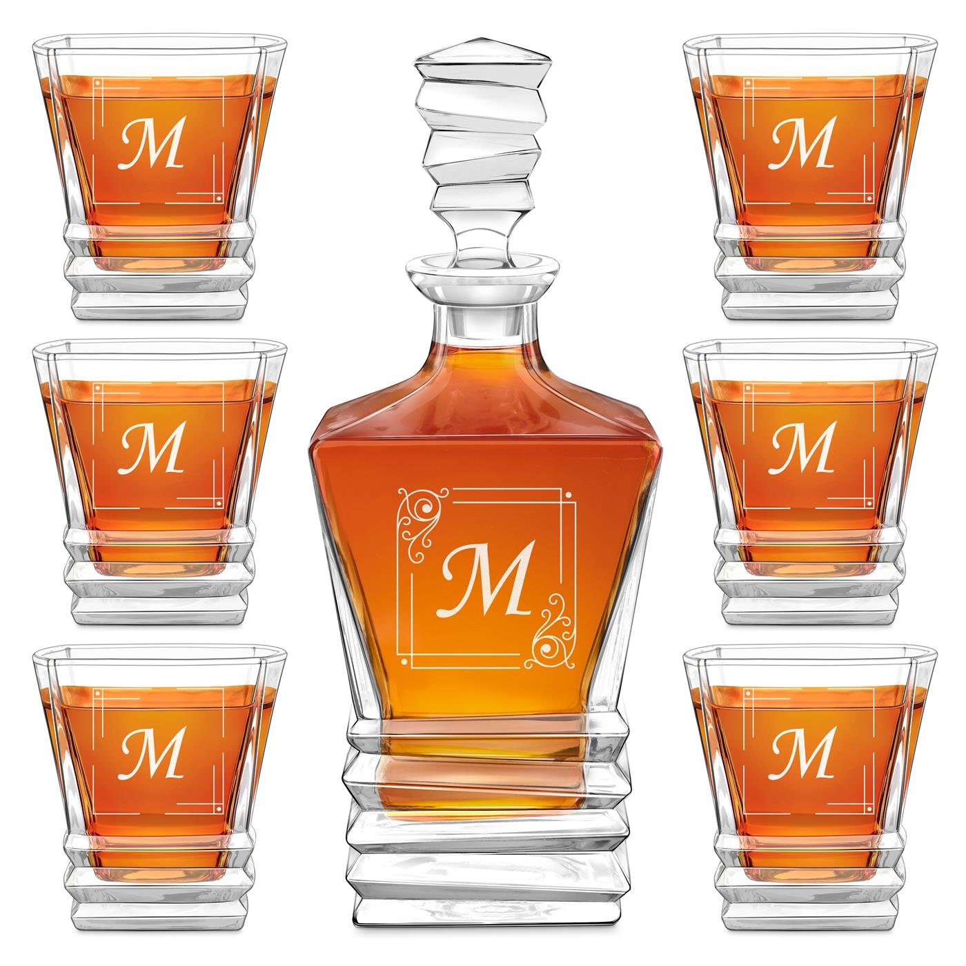 Set de decantador geométrico Murrano con 6 vasos y grabado personalizado para conocedores de whisky