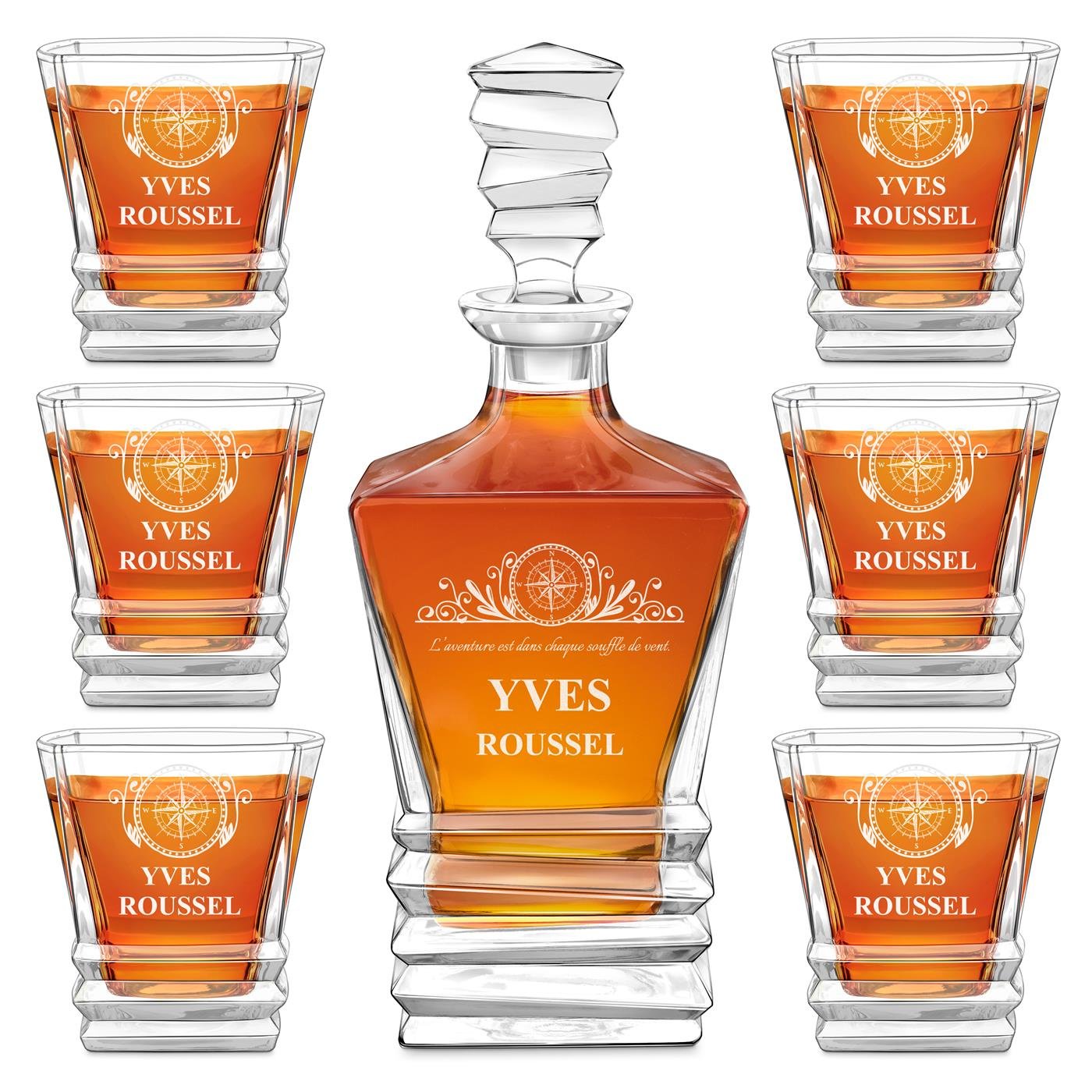 Set de decantador geométrico Murrano con 6 vasos y grabado láser para hombres entusiastas de los viajes